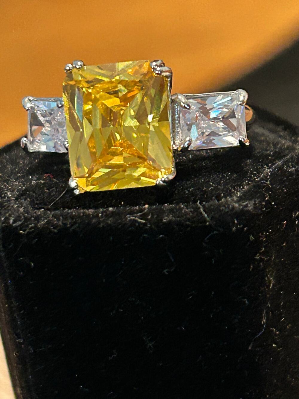 925 Sterling Silver Yellow Tourmaline Three Stone Ring Sz 8 Radiant Emerald Cut